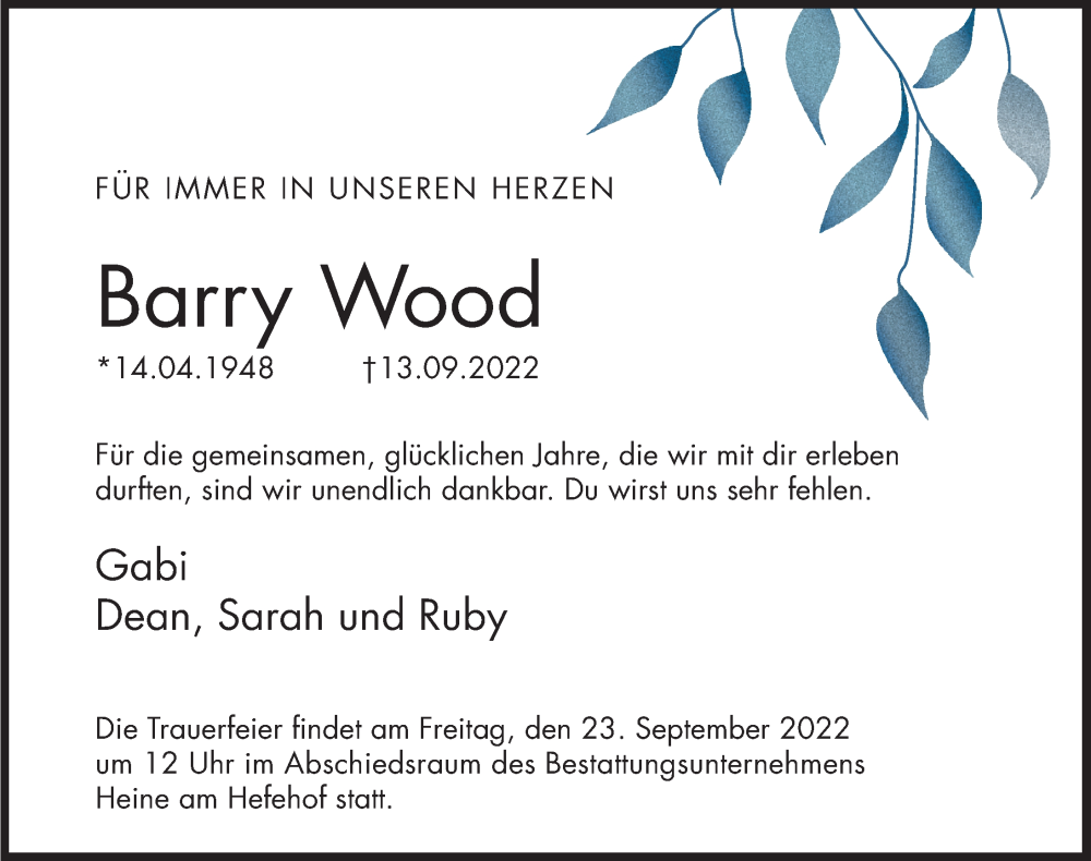  Traueranzeige für Barry Wood vom 20.09.2022 aus Deister- und Weserzeitung