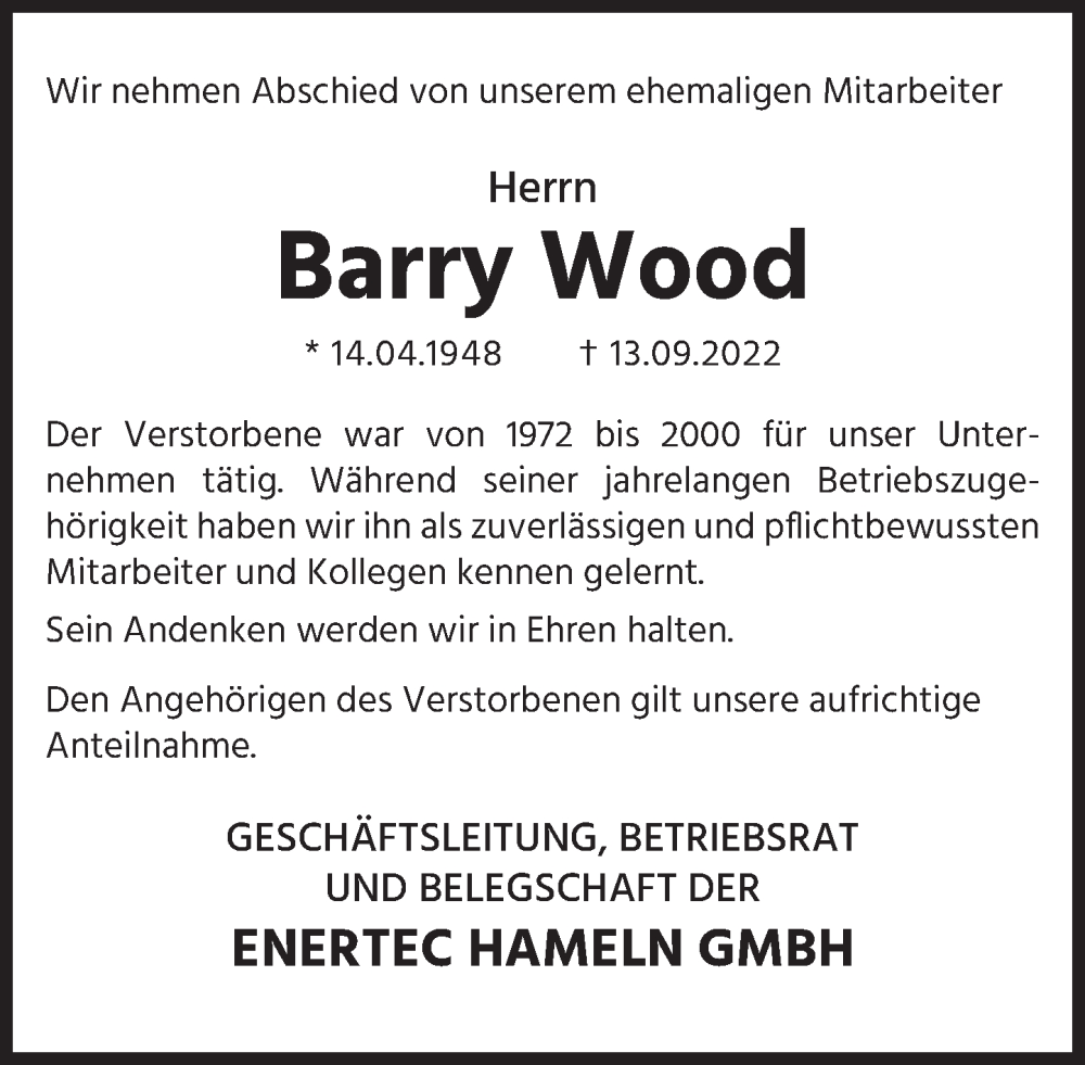  Traueranzeige für Barry Wood vom 26.09.2022 aus Deister- und Weserzeitung