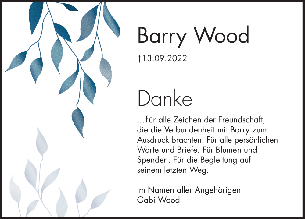  Traueranzeige für Barry Wood vom 30.09.2022 aus Deister- und Weserzeitung