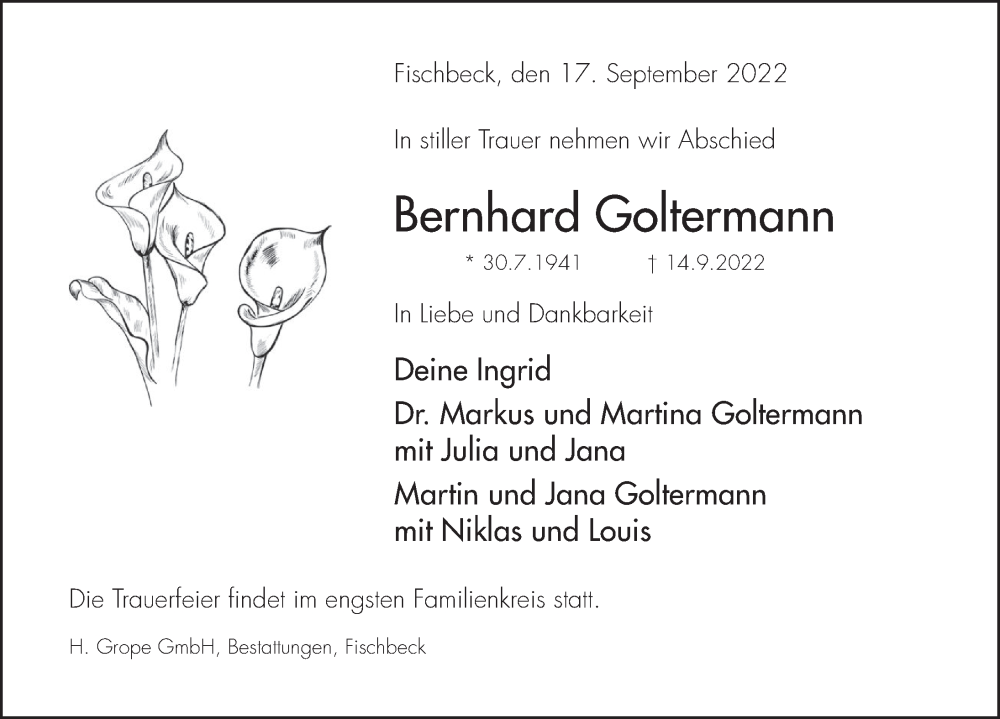  Traueranzeige für Bernhard Goltermann vom 17.09.2022 aus Deister- und Weserzeitung