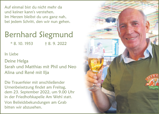 Traueranzeige von Bernhard Siegmund von Deister- und Weserzeitung