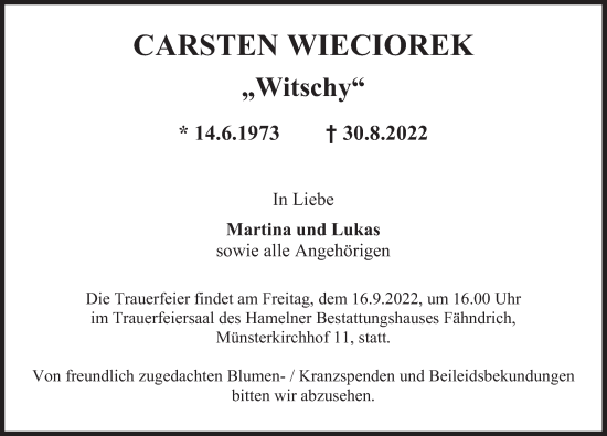 Traueranzeige von Carsten Wieciorek von Deister- und Weserzeitung