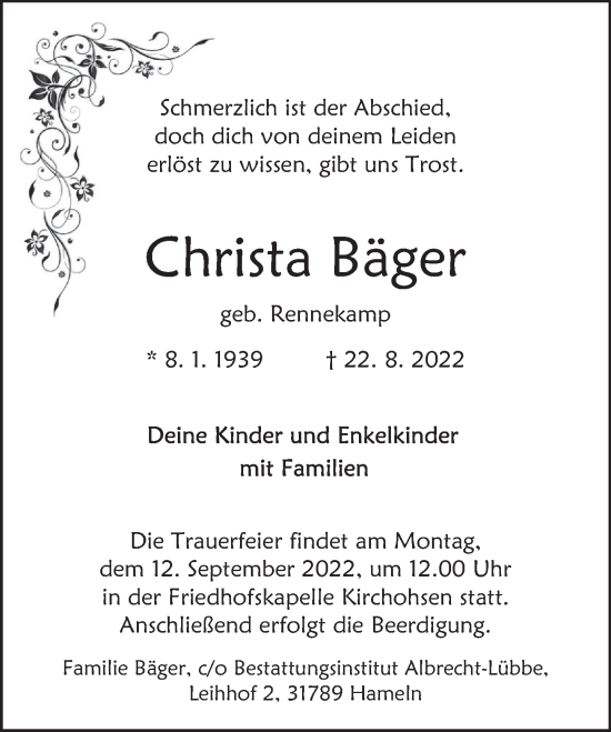 Traueranzeige von Christa Bäger von Deister- und Weserzeitung