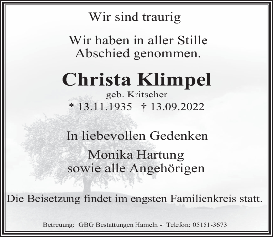 Traueranzeige von Christa Klimpel von Deister- und Weserzeitung