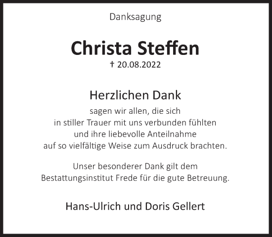 Traueranzeige von Christa Steffen von Deister- und Weserzeitung