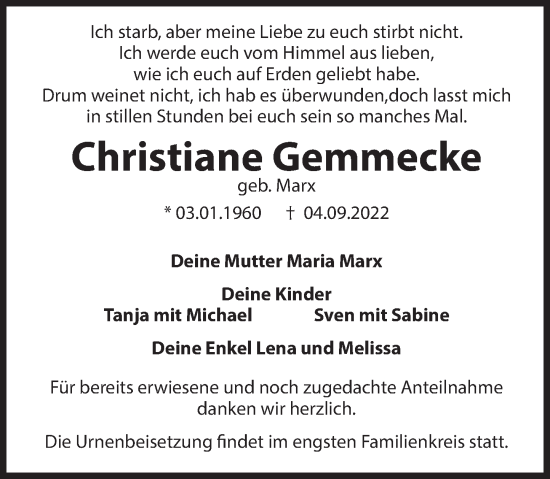 Traueranzeige von Christiane Gemmecke von Deister- und Weserzeitung