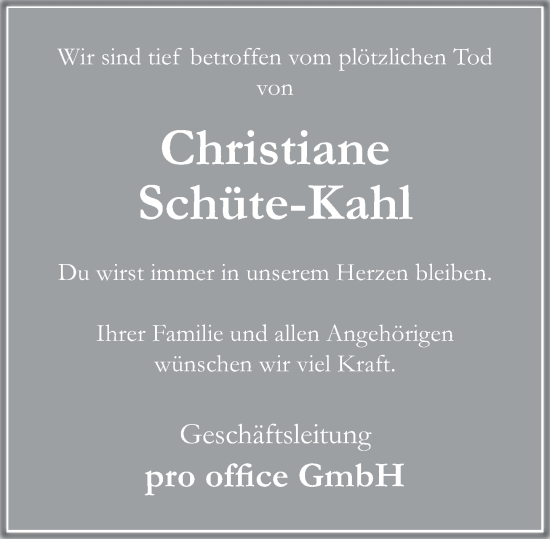 Traueranzeige von Christiane Schüte-Kahl von Deister- und Weserzeitung