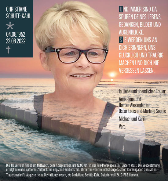 Traueranzeige von Christiane Schüte-Kahl von Deister- und Weserzeitung