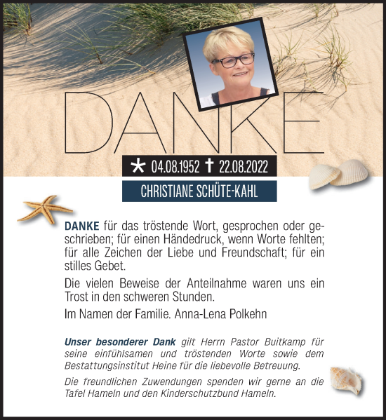 Traueranzeige von Christiane Schüte-Kahl von Deister- und Weserzeitung