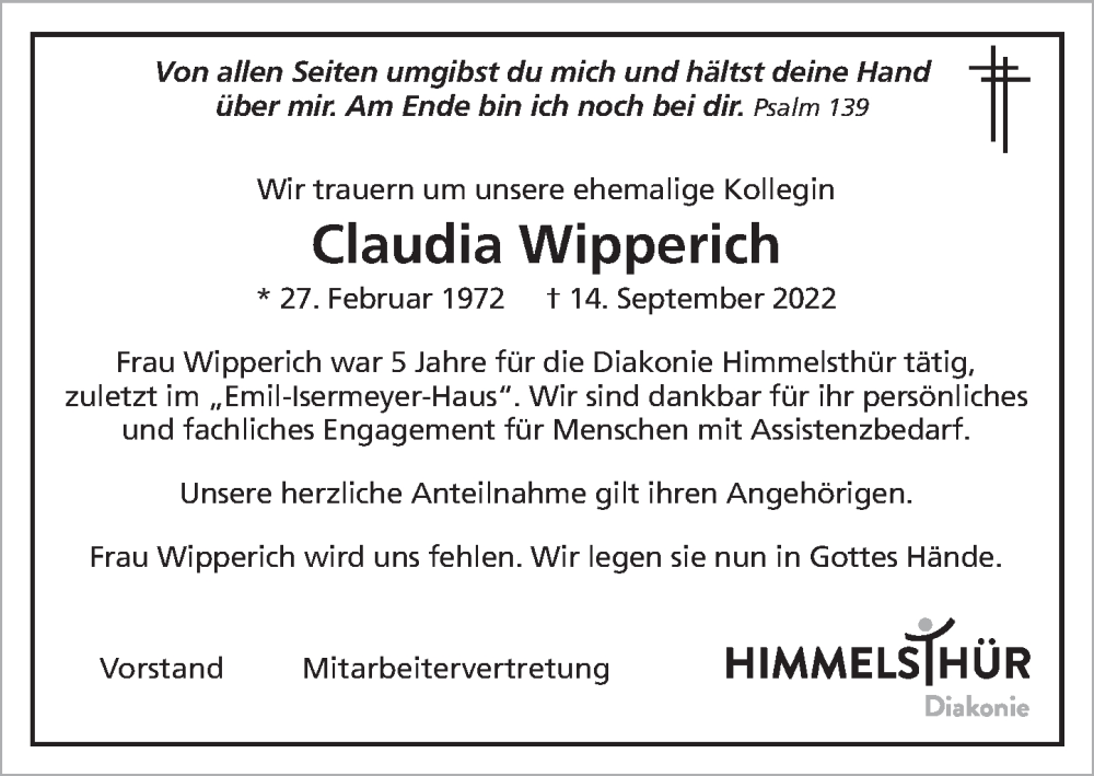  Traueranzeige für Claudia Wipperich vom 04.10.2022 aus Deister- und Weserzeitung