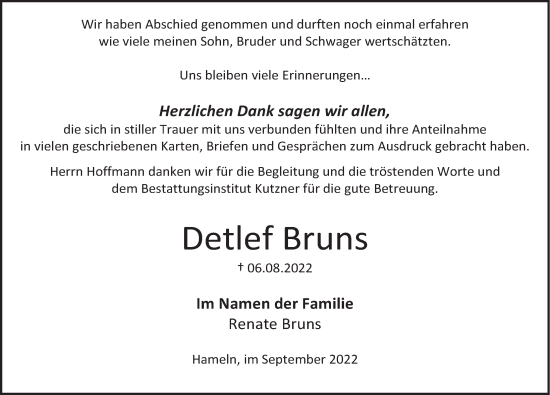 Traueranzeige von Detlef Bruns von Deister- und Weserzeitung