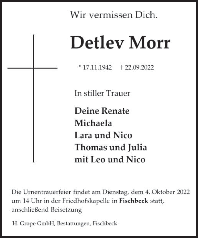  Traueranzeige für Detlev Morr vom 28.09.2022 aus Deister- und Weserzeitung