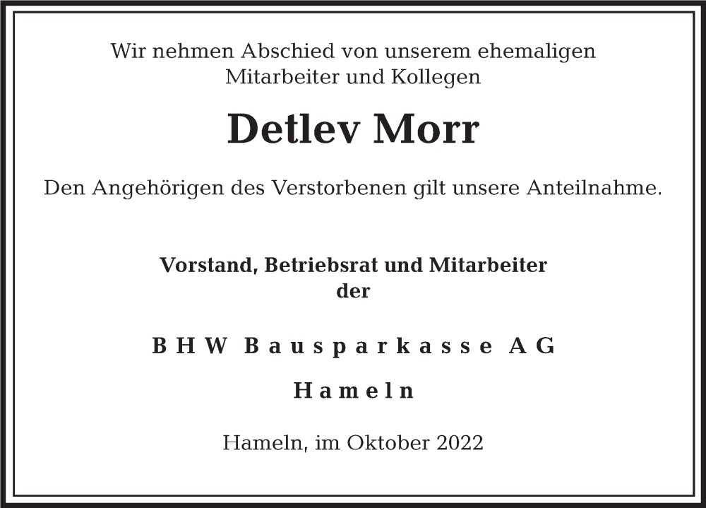  Traueranzeige für Detlev Morr vom 04.10.2022 aus Deister- und Weserzeitung