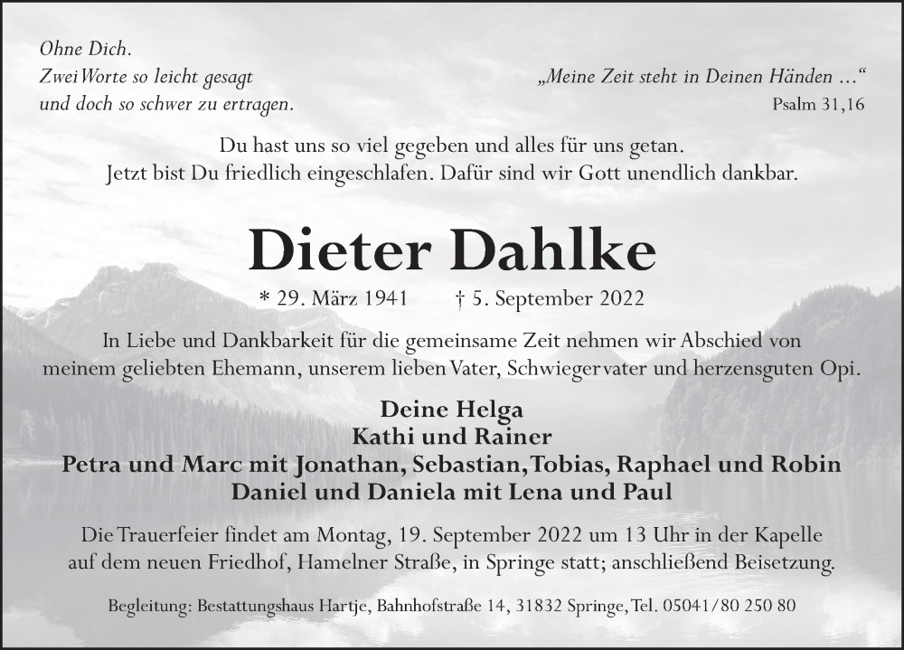  Traueranzeige für Dieter Dahlke vom 10.09.2022 aus Neue Deister-Zeitung