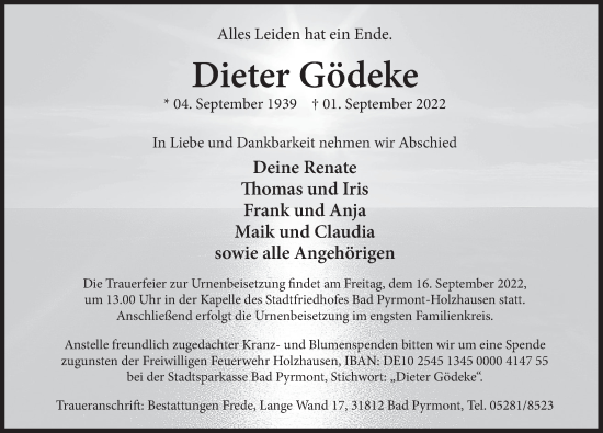 Traueranzeige von Dieter Gödeke von Deister- und Weserzeitung