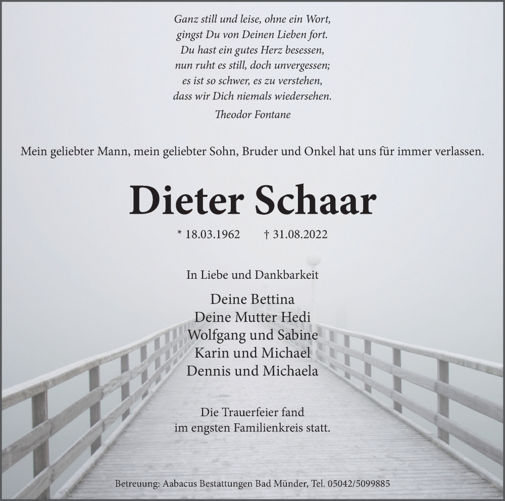  Traueranzeige für Dieter Schaar vom 10.09.2022 aus Neue Deister-Zeitung