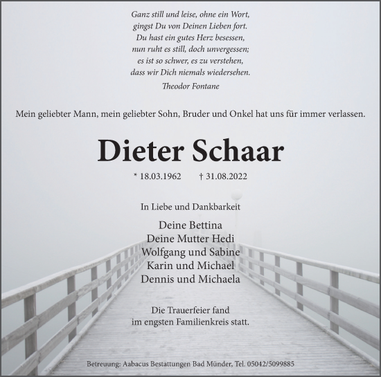 Traueranzeige von Dieter Schaar von Neue Deister-Zeitung