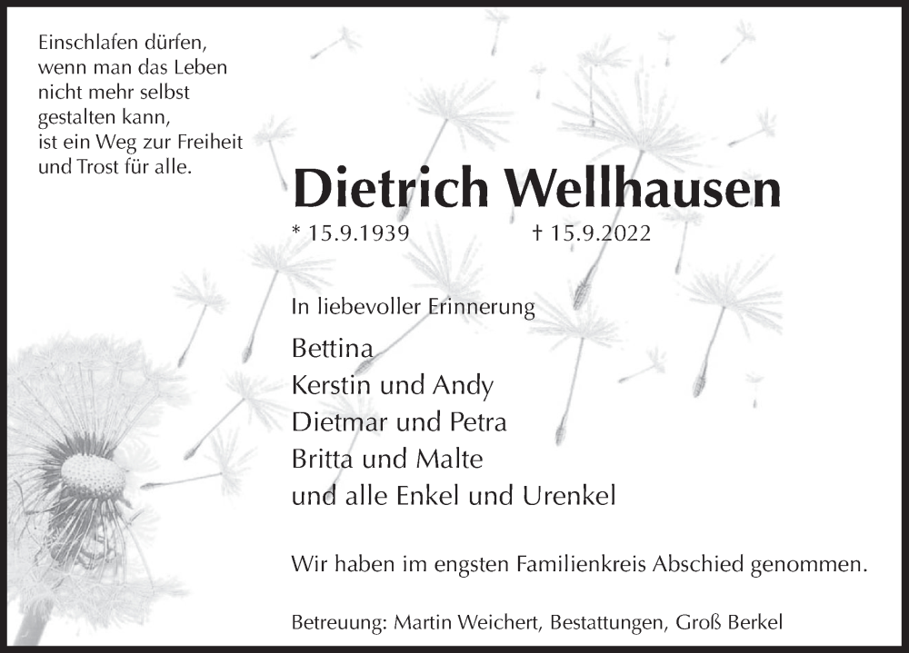  Traueranzeige für Dietrich Wellhausen vom 01.10.2022 aus Deister- und Weserzeitung