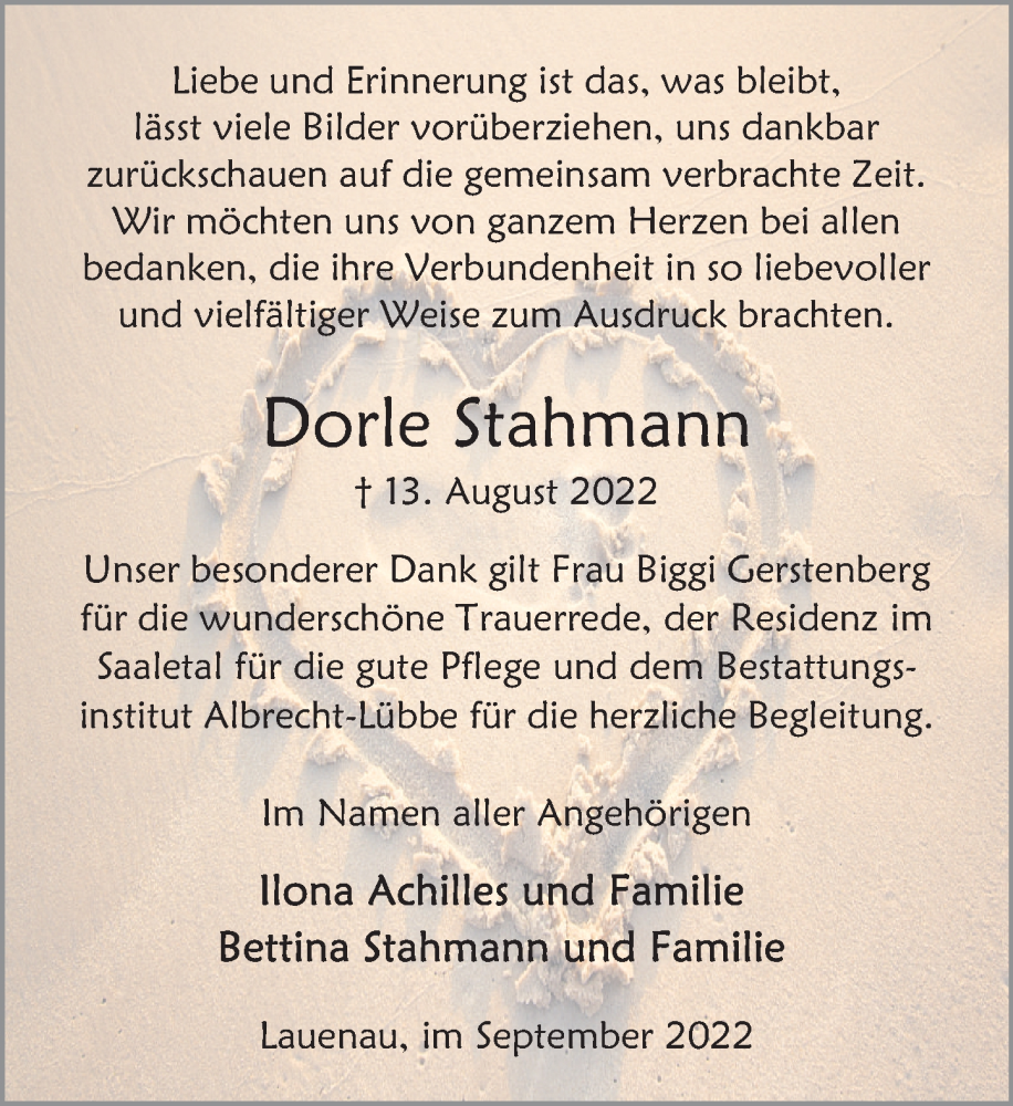  Traueranzeige für Dorle Stahmann vom 10.09.2022 aus Neue Deister-Zeitung