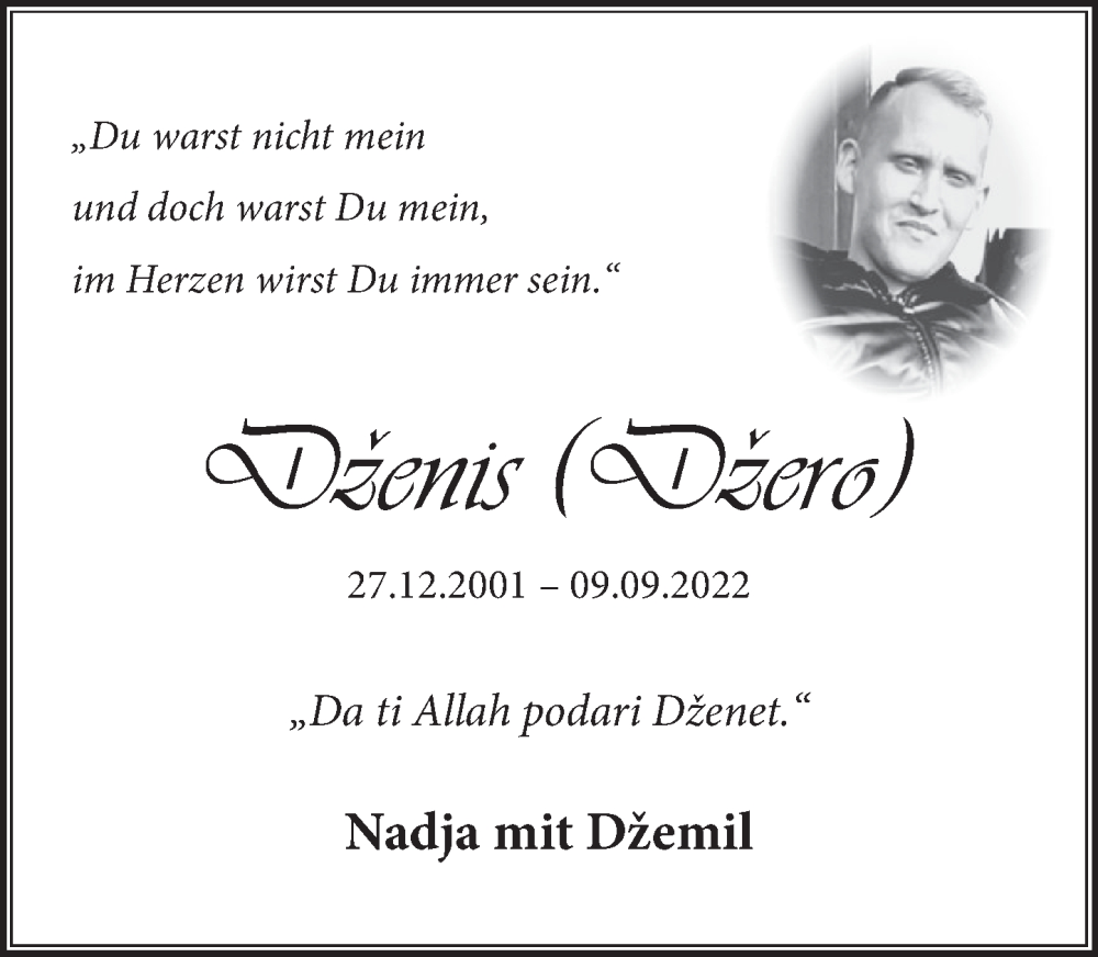  Traueranzeige für Dzenis Hadzic vom 24.09.2022 aus Neue Deister-Zeitung