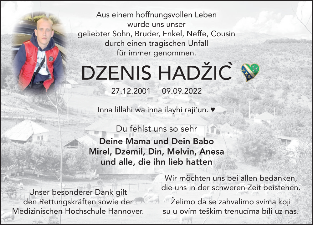  Traueranzeige für Dzenis Hadzic vom 17.09.2022 aus Neue Deister-Zeitung