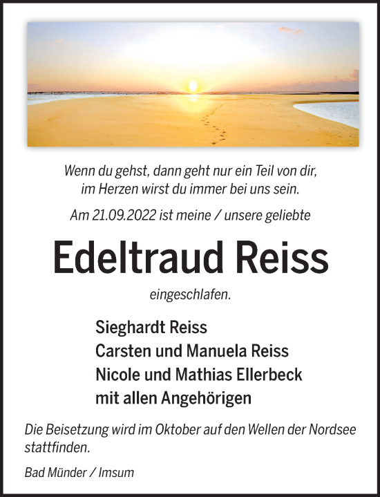 Traueranzeige von Edeltraud Reiss von Neue Deister-Zeitung