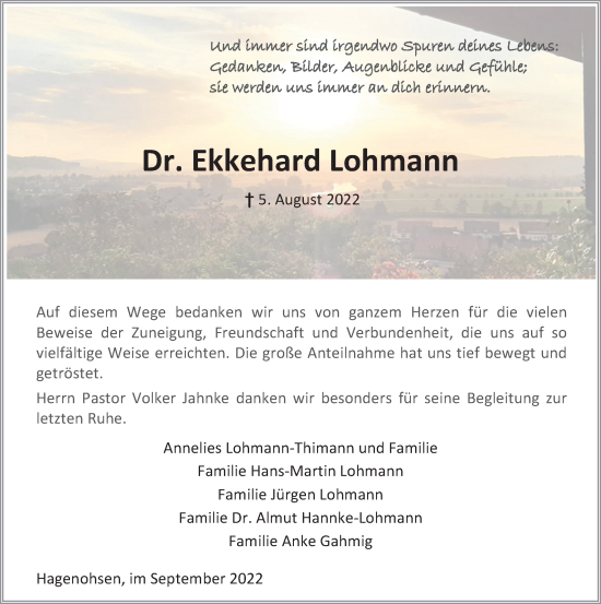 Traueranzeige von Ekkehard Lohmann von Deister- und Weserzeitung
