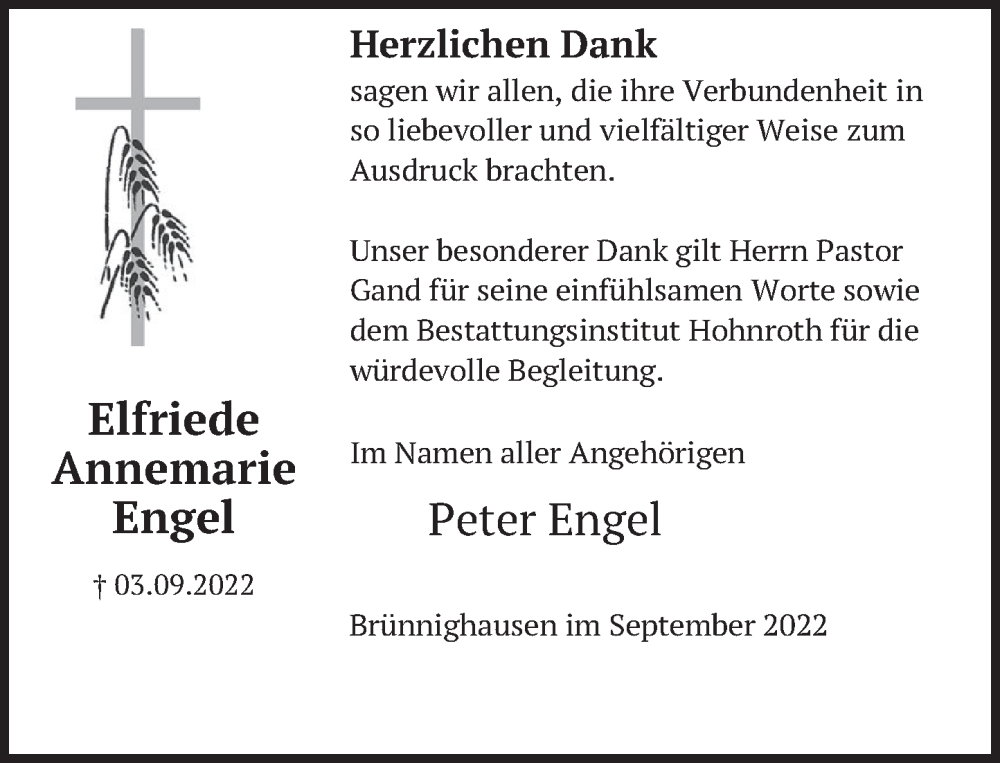  Traueranzeige für Elfriede Engel vom 30.09.2022 aus Deister- und Weserzeitung