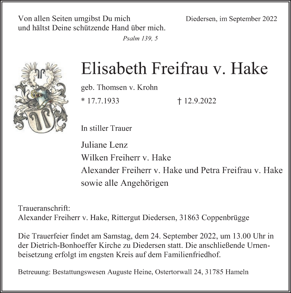  Traueranzeige für Elisabeth  Freifrau v. Hake vom 17.09.2022 aus Deister- und Weserzeitung