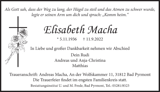 Traueranzeige von Elisabeth Macha von Deister- und Weserzeitung