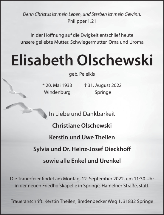 Traueranzeige von Elisabeth Olschewski von Neue Deister-Zeitung