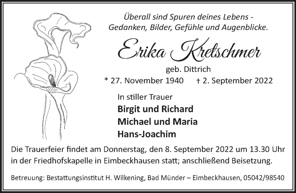  Traueranzeige für Erika Kretschmer vom 06.09.2022 aus Neue Deister-Zeitung