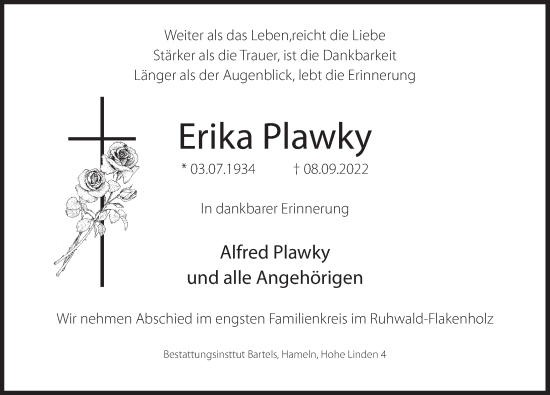 Traueranzeige von Erika Plawky von Deister- und Weserzeitung