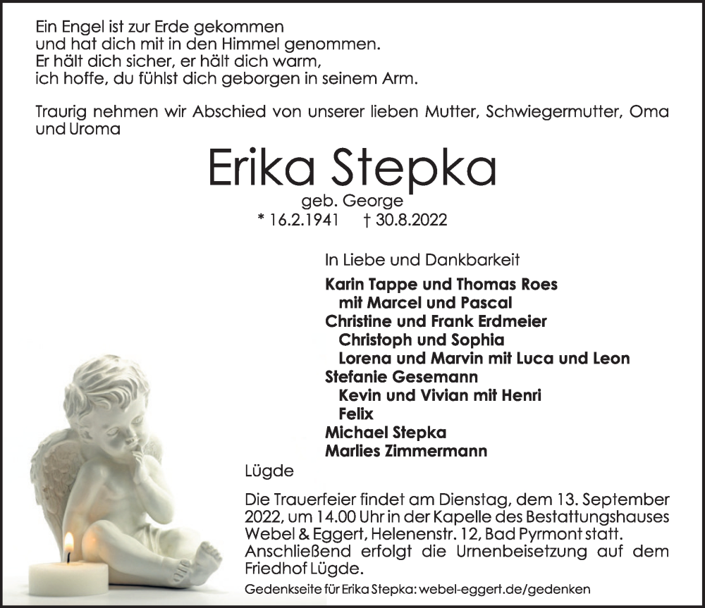  Traueranzeige für Erika Stepka vom 03.09.2022 aus Deister- und Weserzeitung