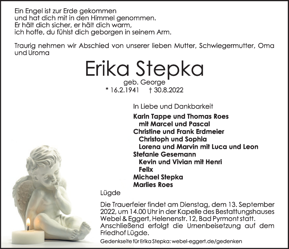  Traueranzeige für Erika Stepka vom 03.09.2022 aus Deister- und Weserzeitung