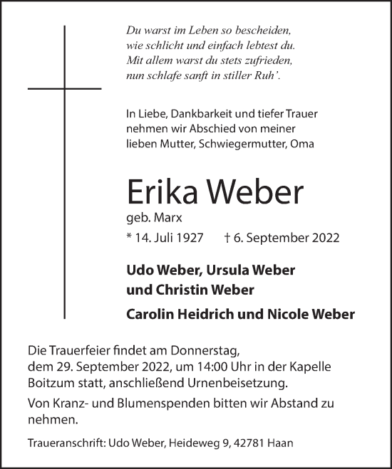 Traueranzeige von Erika Weber von Neue Deister-Zeitung