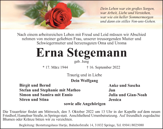 Traueranzeige von Erna Stegemann von Neue Deister-Zeitung