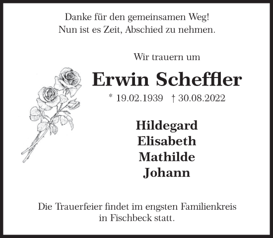 Traueranzeige von Erwin Scheffler von Deister- und Weserzeitung