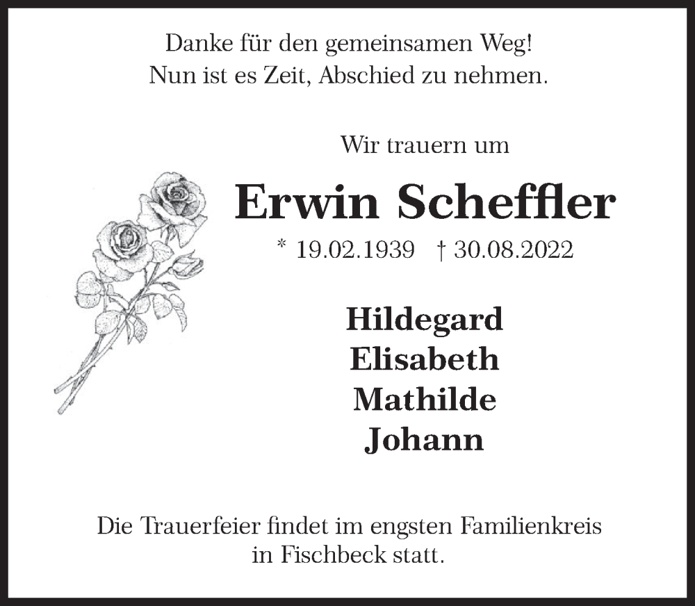  Traueranzeige für Erwin Scheffler vom 06.09.2022 aus Deister- und Weserzeitung