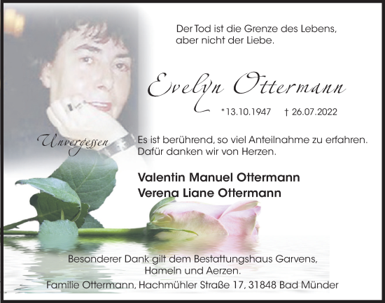 Traueranzeige von Evelyn Ottermann von Neue Deister-Zeitung