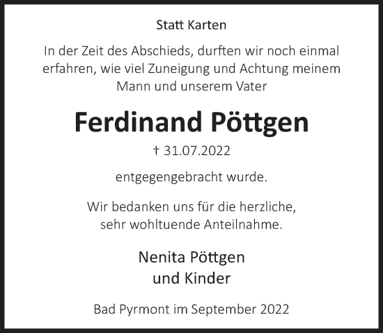 Traueranzeige von Ferdinand Pöttgen von Deister- und Weserzeitung