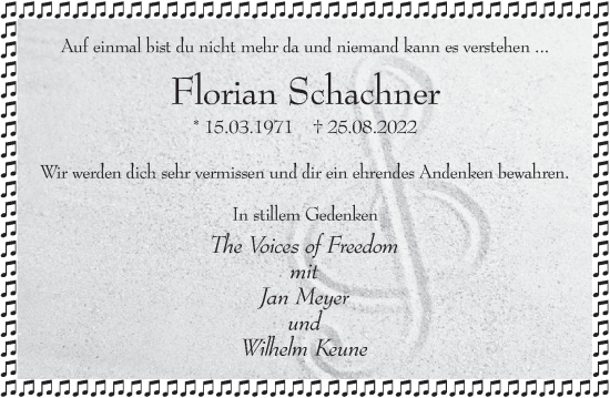 Traueranzeige von Florian Schachner von Deister- und Weserzeitung