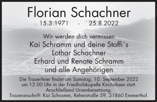 Traueranzeige von Florian Schachner von Deister- und Weserzeitung