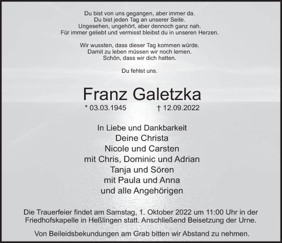 Traueranzeige von Franz Galetzka von Deister- und Weserzeitung