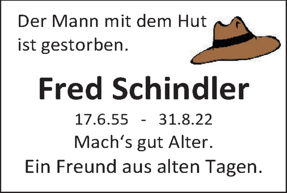  Traueranzeige für Fred Schindler vom 24.09.2022 aus Neue Deister-Zeitung