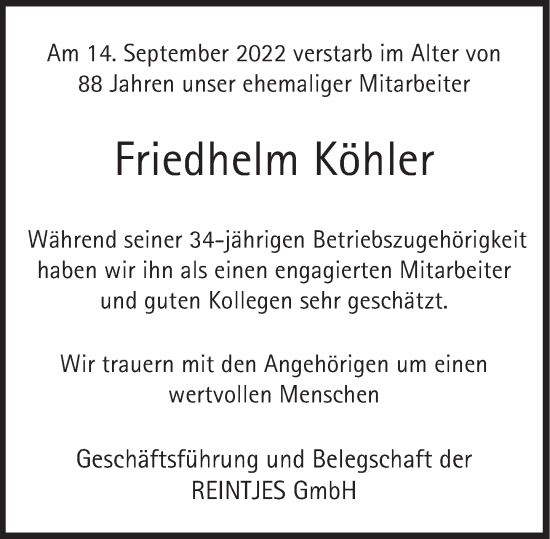 Traueranzeige von Friedhelm Köhler von Deister- und Weserzeitung