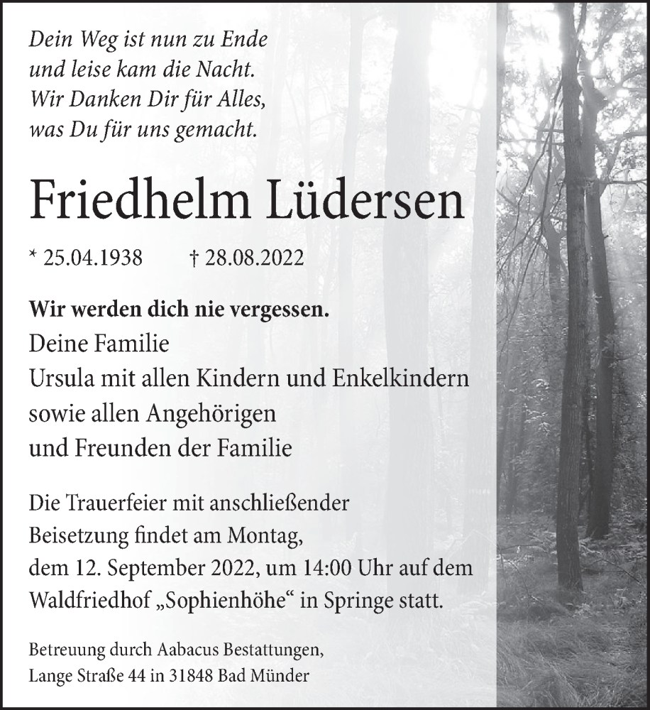  Traueranzeige für Friedhelm Lüdersen vom 10.09.2022 aus Neue Deister-Zeitung