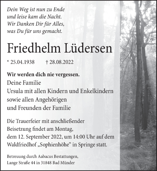 Traueranzeige von Friedhelm Lüdersen von Neue Deister-Zeitung