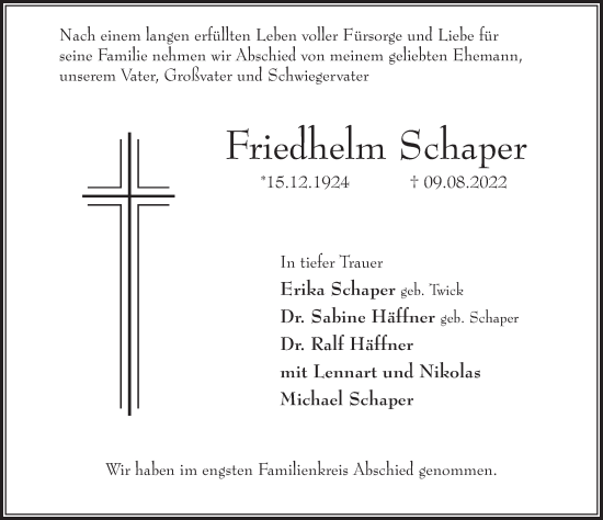 Traueranzeige von Friedhelm Schaper von Deister- und Weserzeitung