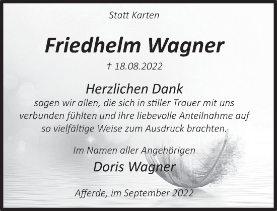 Traueranzeige von Friedhelm Wagner von Deister- und Weserzeitung